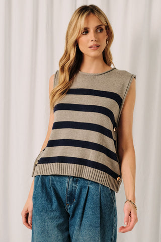 Boxy Striped Sweater Vest Side Buttons