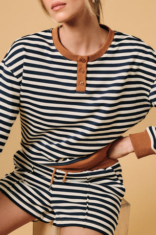 Henley Neck Contrast Detail Stripe Sweatshirt