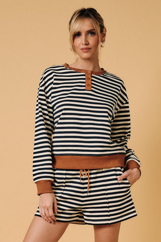 Henley Neck Contrast Detail Stripe Sweatshirt