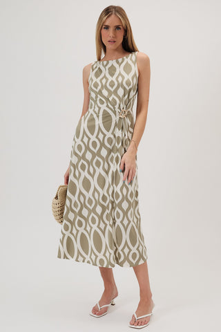 Waist Ruched W/Gold Embellishment Midi Dress