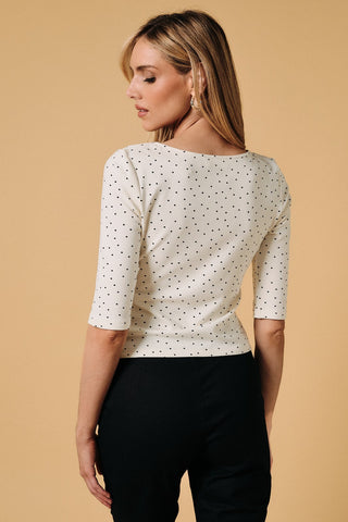 Boat Neck 3/4 Sleeve Polka Dot Top