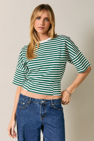Cinched Waist Half Sleeve Stripe Top