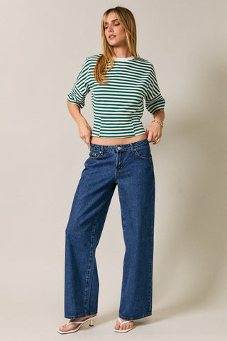 Cinched Waist Half Sleeve Stripe Top