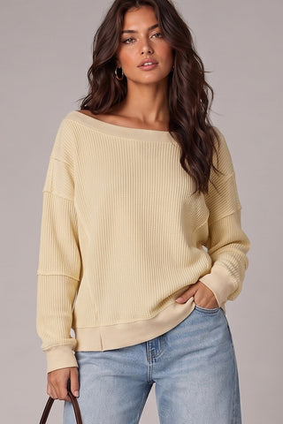 Butter Yellow Boat Neck Drop Shoulder Waffle Knit Top