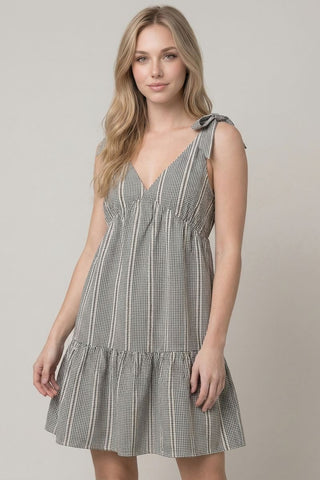 Gingham Tie Shoulder Tiered Mini Dress