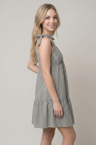 Gingham Tie Shoulder Tiered Mini Dress