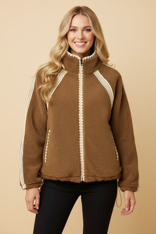 Crochet Trim Zip Front Sherpa Fleece Jacket