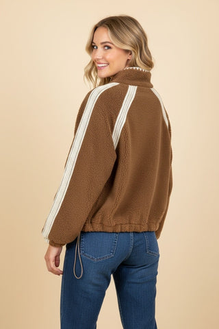 Crochet Trim Zip Front Sherpa Fleece Jacket