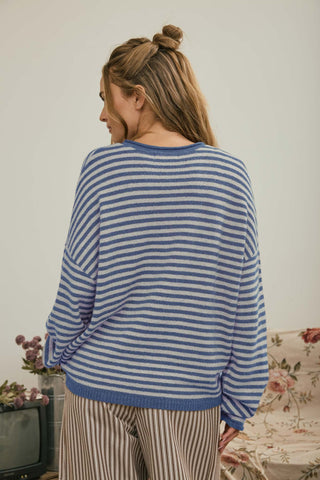 Button Henley Stripe Drop Shoulder Sweater
