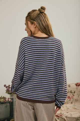 Button Henley Stripe Drop Shoulder Sweater