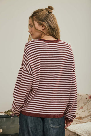 Button Henley Stripe Drop Shoulder Sweater