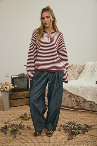 Button Henley Stripe Drop Shoulder Sweater