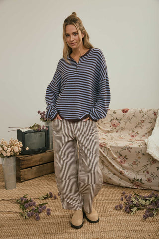 Button Henley Stripe Drop Shoulder Sweater