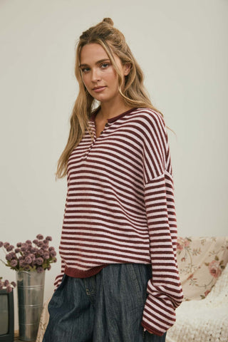 Button Henley Stripe Drop Shoulder Sweater