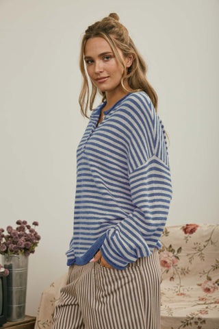 Button Henley Stripe Drop Shoulder Sweater