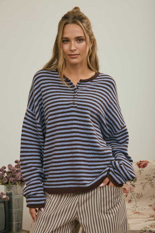 Button Henley Stripe Drop Shoulder Sweater