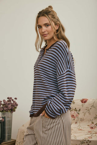 Button Henley Stripe Drop Shoulder Sweater