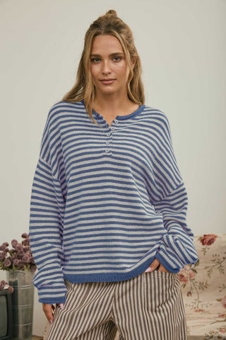 Button Henley Stripe Drop Shoulder Sweater