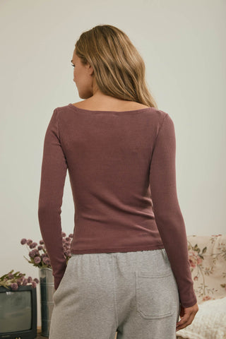 Boat Neck LS Ribbed Knit Top