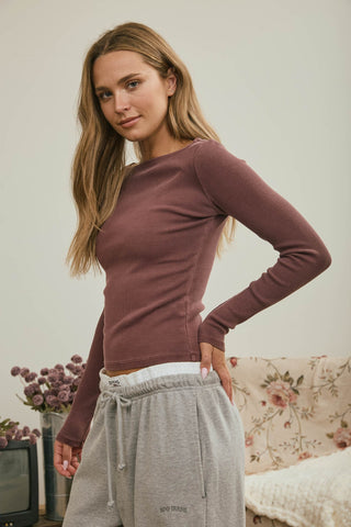 Boat Neck LS Ribbed Knit Top