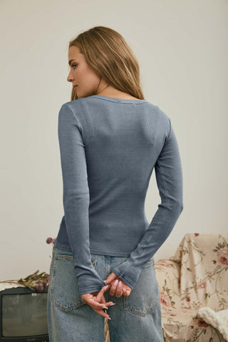 Button Front Round Neck LS Knit Top