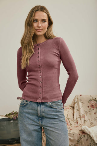 Button Front Round Neck LS Knit Top