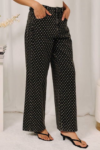 Grey & White Polka Dot Mid Rise Barrel Leg Ankle Length Jeans