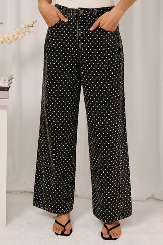 Grey & White Polka Dot Mid Rise Barrel Leg Ankle Length Jeans