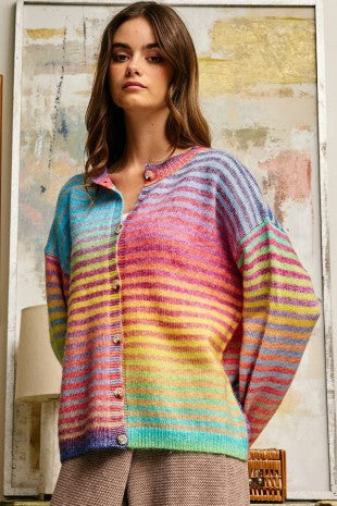 Space-Dye Striped Button-Down Cardigan