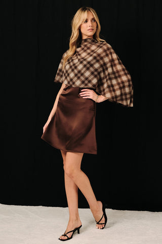 Plaid Cape Overlay Satin Strappy Layered Mini Dress