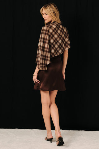 Plaid Cape Overlay Satin Strappy Layered Mini Dress