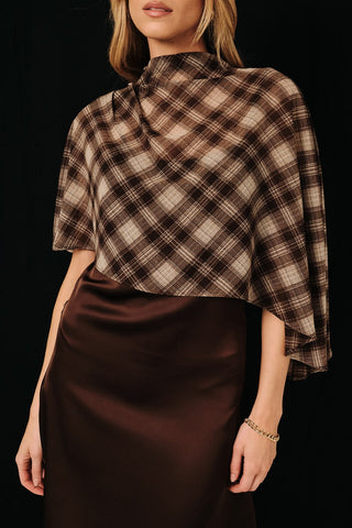 Plaid Cape Overlay Satin Strappy Layered Mini Dress
