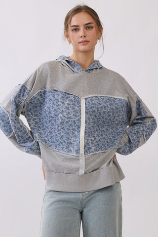 Denim Floral Mixed Media Hoodie