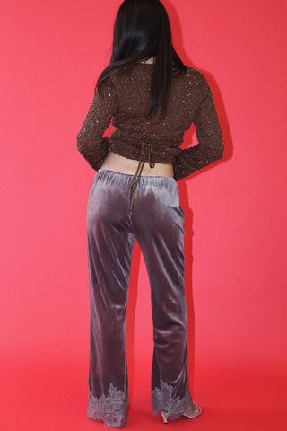 Velvet Lace Hem Wide-Leg Pants in Brown