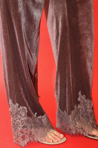 Velvet Lace Hem Wide-Leg Pants in Brown