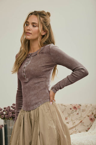 Washed LS Ribbed Henley Knit Top