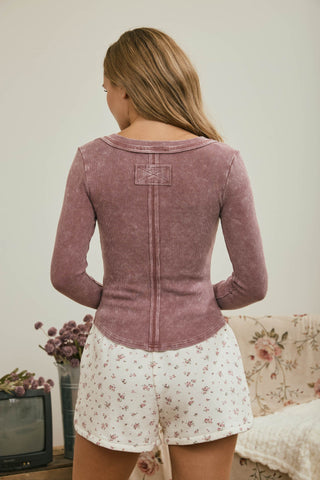 Washed LS Ribbed Henley Knit Top