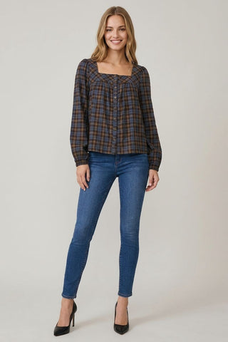 Plaid Square Neck Button Blouse