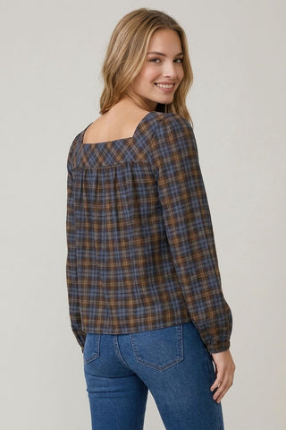 Plaid Square Neck Button Blouse