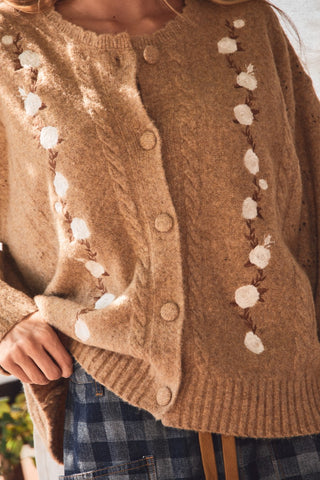 Floral Accent Textured Knit Cardigan