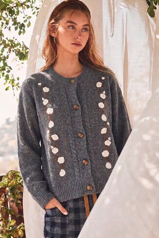 Floral Accent Textured Knit Cardigan