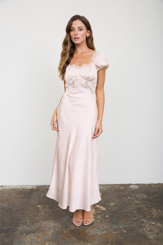 Champagne Satin Lace Trim Midi Dress