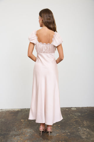 Champagne Satin Lace Trim Midi Dress