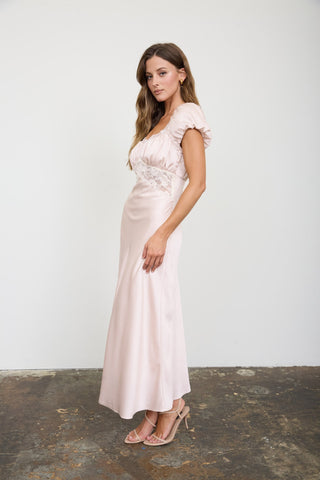Champagne Satin Lace Trim Midi Dress