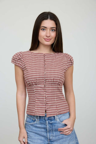 Plaid Puff Sleeve Contoured Waist Top