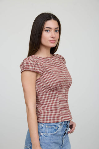 Plaid Puff Sleeve Contoured Waist Top