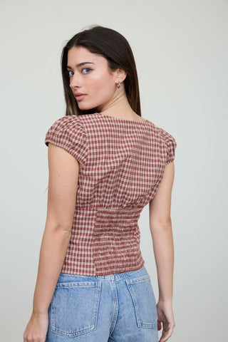 Plaid Puff Sleeve Contoured Waist Top