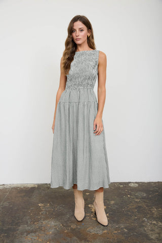 Smocked Gingham Tiered Sleeveless Midi Dress