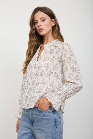Leaf Split Neck Blouse with Ruffle Cuffs