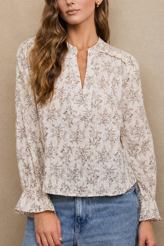 Leaf Split Neck Blouse with Ruffle Cuffs